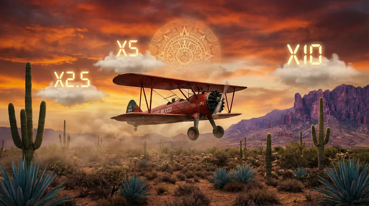 Avión volando sobre paisaje mexicano con cielo colorido